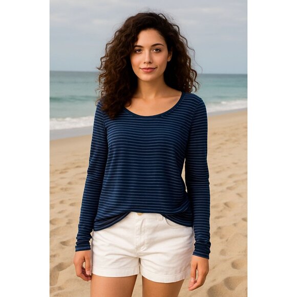 Abercrombie Fitch Medium Navy Striped Scoop Neck Long Sleeve Soft Tee - Picture 1 of 7